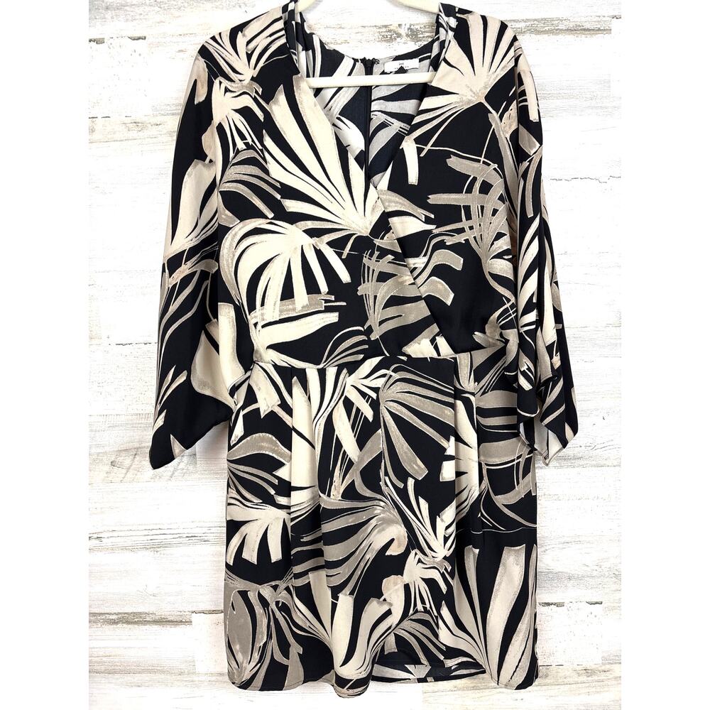 H by Halston Womens 14 Black Tan T Shirt Cap Sleeve V Neck Casual Mini Dress NEW